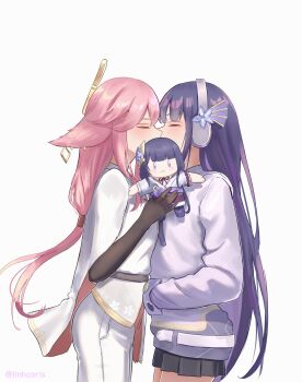 2girls absurdres alternate_costume alternate_universe animal_ears artist_name black_gloves blush character_doll closed_eyes commentary couple covering_own_mouth doll elbow_gloves english_commentary formal_clothes fox_ears fox_girl from_side genshin_impact gloves headphones headpiece highres holding hood hoodie imminent_kiss implied_kiss leaning_forward leaning_on_person linhcoris long_hair long_sleeves multiple_girls official_alternate_costume pants pink_hair purple_hair purple_hoodie raiden_shogun raiden_shogun_(2nd_anniversary) shade skirt standing suit twitter_username upper_body white_pants yae_miko yae_miko_(2nd_anniversary) yuri