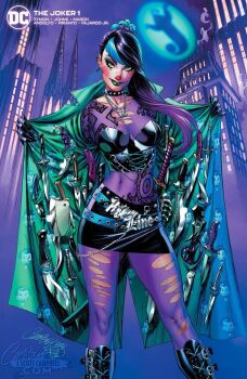 1girl batarang batman_(series) black_gloves black_hair blush_stickers choker cityscape dc_comics dress ear_piercing gloves green_eyes j._scott_campbell jacket jewelry knife looking_at_viewer multicolored_hair multiple_weapons necklace open_clothes open_jacket piercing punchline_(dc) skirt sword torn_clothes weapon