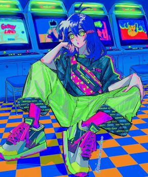 1girl :o antenna_hair arcade arcade_cabinet astro_city black_shirt blue_hair columns_(game) commentary fantasy_zone green_eyes green_pants green_shoes green_trim hair_between_eyes hand_on_own_chin hand_on_own_knee highres juuouki knees_up long_hair mullet neon_palette original pants parted_lips patterned_clothing pink_lips poririna purple_socks sega shirt shoes short_sleeves shoulder_strap sitting socks solo stool symbol-only_commentary text_hair_ornament tile_floor tiles twitter_username two-sided_pants unmoving_pattern virtua_fighter yuki_akira