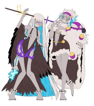 2girls absurdres anklet arm_up barefoot belt black_dress black_nails blue_eyes blue_fire blue_hair blunt_bangs blunt_ends brooch cape colored_inner_hair colored_skin crescent crescent_hair_ornament detached_sleeves dress feather-trimmed_sleeves fingernails fire flat_chest full_body fur-trimmed_cape fur-trimmed_dress fur_trim genderswap genderswap_(mtf) greek_mythology grey_skin grin hair_ornament hairband hand_to_own_mouth hand_up highres holding holding_stuffed_toy hypnos_(mythology) jewelry knees_together_feet_apart long_fingernails long_hair looking_at_viewer morpheus_(mythology) multicolored_hair multiple_girls nail_polish navel object_through_head original pelvic_curtain plunging_neckline purple_belt purple_hairband sharp_fingernails sheep short_dress short_hair siblings sisters skull skull_brooch sleeves_past_fingers sleeves_past_wrists smile standing stuffed_animal stuffed_toy sword sword_in_head thanatos_(mythology) toenail_polish toenails torch twins two-tone_hair very_long_hair wanderjegson weapon white_hair wide-eyed wide_sleeves yellow_blood