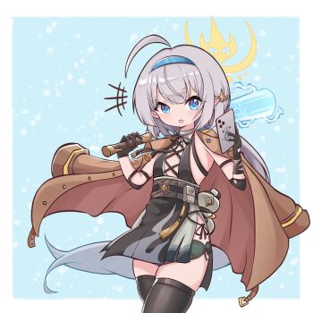 +++ 1girl :o absurdres ahoge bandaged_arm bandages baseball_bat black_dress black_gloves black_shorts black_thighhighs blue_archive blue_eyes blue_hairband blunt_bangs breasts brown_coat coat coat_on_shoulders commentary_request cosplay cowboy_shot cross-laced_clothes cross-laced_dress cross-laced_top dress elbow_sleeve female_rover_(wuthering_waves) female_rover_(wuthering_waves)_(cosplay) female_tyrant_(stella_sora) gloves goddess_of_victory:_nikke grey_hair hair_ornament hairband hairclip halo highres holding holding_baseball_bat holding_tablet_pc honkai:_star_rail honkai_(series) inkyubeiteo long_hair looking_at_viewer micro_shorts open_mouth pangu_terminal_(wuthering_waves) pointy_ears pouch rover_(wuthering_waves) schale_logo shorts side_slit sidelocks skindentation sleeveless sleeveless_dress small_breasts solo standing stella_sora tablet_pc tassel the_legendary_commander_(nikke) the_legendary_commander_(nikke)_(cosplay) thighhighs tyrant_(stella_sora) very_long_hair wuthering_waves