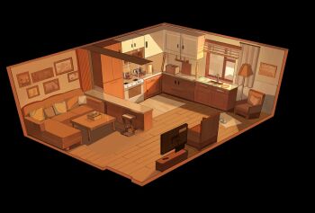 cabinet carpet chair commentary concept_art couch curtains english_commentary indoors isometric kettle kitchen lamp living_room lounge_chair ma_someru no_humans orange_light original photo_(object) refrigerator rug scenery sink stool stove sunset table television toaster variant_set wainscoting warm_colored window_blinds window_light wooden_floor