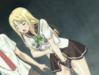 Rule 34 | 1boy, 1girl, black bra, blonde hair, blush, bra, bra visible through clothes, breasts, cameltoe, clothes lift, date wingfield reiko, fault!!, female masturbation, fingering, green eyes, highres, large breasts, long hair, masturbation, moaning, open mouth, orgasm, panties, pussy juice, school uniform, see-through clothes, skirt, skirt lift, solo focus, stitched, thighs, third-party edit, underwear, wet