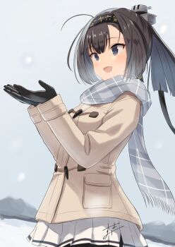 Rule 34 | 1girl, absurdres, akizuki (kancolle), black hair, black pantyhose, blue eyes, blush, breasts, breath, brown hair, coat, cold, commentary request, hachimaki, hairband, headband, highres, kantai collection, long hair, long sleeves, open mouth, outdoors, pantyhose, pleated skirt, ponytail, scarf, school uniform, serafuku, skirt, smile, snowing, solo, sukimizaki, winter clothes