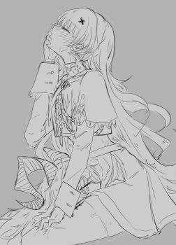 2girls aiguillette aoi_(aoisaka) between_legs blush commentary covering_own_mouth cunnilingus dress greyscale hashtag-only_commentary highres horns long_hair monochrome multiple_girls oral phoebe_(wuthering_waves) sweat tacet_mark_(wuthering_waves) thighhighs wuthering_waves yuri zani_(wuthering_waves)