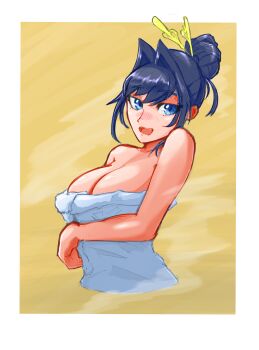 1girl absurdres bare_shoulders blue_eyes blue_hair blush breasts cleavage fangs hair_bun hair_intakes hair_ornament hairpin highres hololive hololive_english large_breasts looking_to_the_side naked_towel open_mouth ouro_kronii simple_background towel virtual_youtuber yodokogon