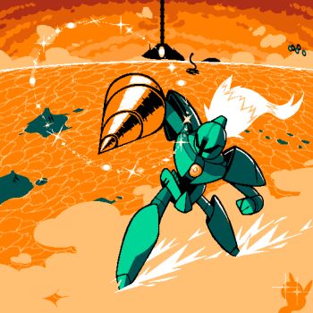 baconpal cloud cloudy_sky commentary drill_hand dusk floating_hair flying full_body green_theme high_up horizon island jaggy_lines leaning_to_the_side legs_apart limited_palette mecha mecha_focus no_humans ocean on_cloud orange_theme outdoors ponytail robot rybb sky sparkle sparkling_aura tower zeroranger