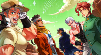 5boys anzumame cloud dark-skinned_male dark_skin dog dutch_angle hat iggy_(jojo) jean_pierre_polnareff jojo_no_kimyou_na_bouken joseph_joestar joseph_joestar_(old) kakyoin_noriaki kuujou_joutarou looking_at_viewer looking_back mohammed_avdol multiple_boys outdoors short_hair sky