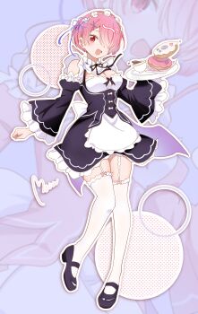 1girl absurdres apron blush breasts detached_sleeves donut dress food frilled_apron frilled_dress frilled_skirt frilled_sleeves frills hair_ornament hair_over_one_eye hair_ribbon highres holding holding_plate leg_up looking_at_viewer maid maid_apron maid_headdress medium_breasts olivia66949612 pink_hair plate purple_ribbon ram_(re:zero) re:zero_kara_hajimeru_isekai_seikatsu red_eyes ribbon ribbon-trimmed_clothes ribbon_trim roswaal_mansion_maid_uniform short_hair skirt smile thigh_strap thighhighs tray waist_apron white_apron wrist_cuffs x_hair_ornament