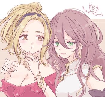 2girls arm_around_shoulder blonde_hair blush bracelet breasts brown_hair cleavage closed_mouth commentary_request cosplay costume_switch dot_nose eyelashes green_eyes jewelry long_hair looking_at_viewer mamenogawa medium_breasts mole mole_under_mouth multiple_bracelets multiple_girls octopath_traveler octopath_traveler_i ophilia_clement ophilia_clement_(cosplay) pink_eyes primrose_azelhart primrose_azelhart_(cosplay) smile wavy_hair yellow_eyes