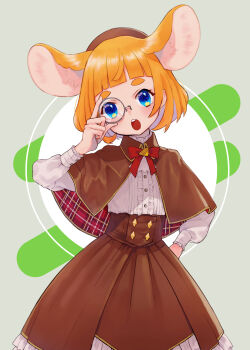 +_+ 1girl :o adjusting_eyewear alternate_costume animal_ears blue_eyes blunt_bangs blush bow bowtie brown_capelet brown_skirt buttons capelet center_frills cheese colored_inner_hair cowboy_shot food frills hand_on_own_hip hand_up hat high-waist_skirt highres indie_virtual_youtuber lapel_pin long_sleeves looking_at_viewer mau-chan_(7name) monocle monocled mouse_ears mouse_girl multicolored_hair naname_(7name) open_mouth orange_hair original plaid puffy_long_sleeves puffy_sleeves red_bow red_bowtie round_eyewear shirt skirt solo standing white_shirt