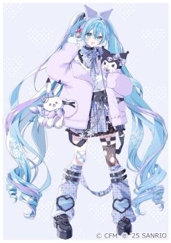 1girl :d aqua_eyes aqua_hair belt black_belt black_choker black_shoes black_thighhighs blue_leg_warmers blue_skirt choker closed_mouth collared_shirt commentary_request company_name copyright_name copyright_notice full_body hair_between_eyes hairband hatsune_miku heart holding jacket kuromi leg_warmers long_hair looking_at_viewer misumi_(macaroni) mittens multicolored_hair multicolored_skirt official_art onegai_my_melody open_clothes open_jacket open_mouth plaid_clothes plaid_leg_warmers plaid_skirt purple_hair purple_hairband purple_jacket purple_leg_warmers rabbit_yukine sanrio shirt shoes single_fishnet_legwear single_thighhigh skirt smile snowflakes solo standing streaked_hair thighhighs torn_clothes torn_thighhighs twintails very_long_hair vocaloid white_mittens white_shirt