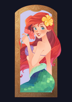 Rule 34 | 1girl, absurdres, ariel (disney), bare shoulders, bikini, blue eyes, blush, border, commentary request, disney, fins, flower, green scales, green tail, grey border, hair flower, hair ornament, highres, holding, holding flower, long hair, looking at viewer, merfolk, mermaid, monster girl, naco oekaki, outside border, red flower, red hair, red lips, shell, shell bikini, solo, swimsuit, the little mermaid (disney), yellow flower