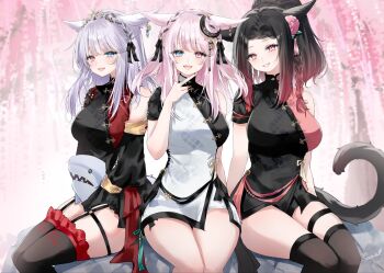 Rule 34 | 3girls, animal ears, black hair, black thighhighs, blue eyes, cat ears, cat girl, cat tail, cherry blossoms, china dress, chinese clothes, commentary request, dress, facial mark, final fantasy, final fantasy xiv, garter straps, heterochromia, highres, holding, holding stuffed toy, legband, looking at viewer, miqo'te, multicolored hair, multiple girls, pink eyes, pink hair, sana (sanamaru 0w0), sitting, slit pupils, stuffed animal, stuffed toy, tail, thighhighs, tree, two-tone hair, v, whisker markings, white hair