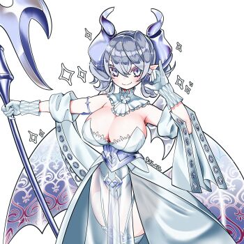 1girl breasts cleavage demon_horns demon_wings detached_collar detached_sleeves dress duel_monster gloves grey_eyes grey_hair highres holding holding_polearm holding_weapon horns hyeonin_gentora large_breasts leotard looking_at_viewer lovely_labrynth_of_the_silver_castle polearm smile solo standing weapon white_background white_dress white_gloves wings yu-gi-oh!