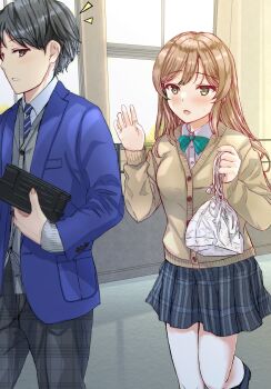 1boy 1girl :o blazer blue_jacket blush bow bowtie breasts brown_cardigan brown_hair cardigan collared_shirt commentary_request dress_shirt fushimi_asuha green_bow green_bowtie green_eyes grey_cardigan grey_eyes grey_pants grey_skirt highres holding indoors jacket leg_up long_hair long_sleeves looking_at_another lunchbox medium_breasts miniskirt notice_lines open_clothes open_jacket open_mouth original pants parted_lips plaid_clothes plaid_pants plaid_skirt pleated_skirt school_uniform shirt short_hair sideways_mouth skirt sleeves_past_wrists sweatdrop unmoving_pattern very_short_hair white_shirt window