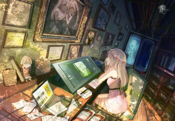 1girl absurdres artist_logo artist_name blood blood_bag camisole character_doll computer diploma doll drawing_(object) drawing_tablet grey_hair highres indoors laptop logo long_hair original painting_(object) photo_(object) picture_frame pink_camisole pink_eyes sitting sleeveless solo stasis_tank stylus sunlight thigh_strap tree_shade von_grechii