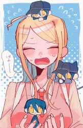 Rule 34 | 1girl, 3boys, ahoge, akamatsu kaede, animal ears, animal hands, backpack, bag, baseball cap, black hat, black jacket, black sleeves, blonde hair, blue background, blue gloves, blue hair, blush stickers, border, breasts, buttons, cat ears, cat tail, chibi, chibi on head, chibi on shoulder, clone, closed mouth, collared jacket, collared shirt, commentary request, danganronpa (series), danganronpa v3: killing harmony, double-breasted, fingernails, flying sweatdrops, furrowed brow, gloves, goma v3, hair between eyes, hat, high collar, highres, holding, holding chibi, holding magnifying glass, jacket, large breasts, long hair, long sleeves, magnifying glass, multiple boys, necktie, nervous sweating, on head, open mouth, outside border, panicking, paw gloves, pink vest, polka dot, polka dot background, red necktie, saihara shuichi, shirt, short hair, simple background, smile, speech bubble, sweat, tail, v-neck, vest, wavy mouth, white border, white shirt, yellow eyes, yellow sleeves