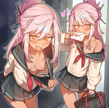 1girl absurdres black_skirt blush breasts chloe_von_einzbern clothes_pull dark-skinned_female dark_skin fang fate/kaleid_liner_prisma_illya fate_(series) highres letter long_hair looking_at_viewer love_letter multiple_views nipples pink_hair radishkek school_uniform shirt_pull sidelocks skin_fang skirt small_breasts smile solo yellow_eyes