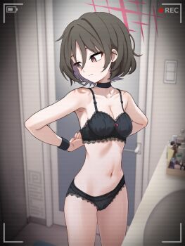 1girl battery_indicator black_bra black_panties blue_archive bra breasts choker commentary_request halo misaki_(blue_archive) navel paid_reward_available panties recording red_eyes red_halo scanlines short_hair solo special_cat underwear undressing variant_set viewfinder voyeur_pov voyeurism