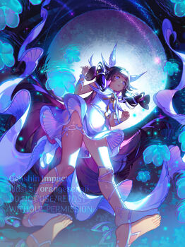 1girl barefoot black_hair breasts columbina_(genshin_impact) commentary_request dress feet from_below full_moon genshin_impact hair_wings highres long_hair medium_breasts moon multicolored_hair orange_sekaii panties parted_lips purple_eyes purple_hair reflection soles solo toes two-tone_hair underwear upskirt very_long_hair white_dress white_panties white_wings wings