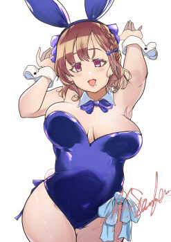 Rule 34 | 1girl, absurdres, animal ear hairband, animal ears, asahi (kancolle), blue bow, blue bowtie, blue leotard, bouncing breasts, bow, bowtie, braid, breasts, brown hair, cowboy shot, detached collar, fake animal ears, hair ribbon, hairband, highres, kantai collection, large breasts, leotard, matsurika (harusutain), playboy bunny, rabbit ears, red eyes, ribbon, short hair, side-tie leotard, side braid, signature, simple background, single braid, smile, solo, strapless, strapless leotard, white background, wrist cuffs