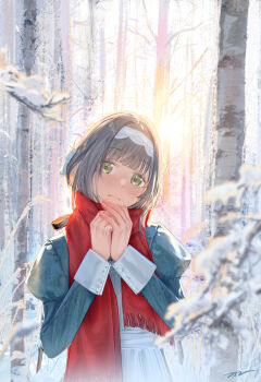 1girl absurdres apron black_ribbon closed_mouth da_tengzi dress forest gakuen_idolmaster green_dress green_ribbon grey_hair hair_ribbon highres hiwatari_kanae idolmaster looking_at_viewer nature own_hands_together puffy_sleeves red_scarf ribbon scarf short_hair snow_on_tree solo white_apron