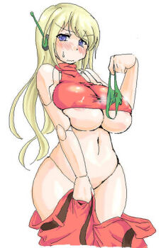 1girl areola_slip blonde_hair blue_eyes blush breasts clothes_pull curly_brace doll_joints doukutsu_monogatari female_focus green_panties holding holding_panties holding_underwear holding_unworn_clothes huge_breasts joints long_hair lute_(shino) panties pants pants_pull robot robot_ears robot_joints solo underboob underwear wavy_mouth wide_hips