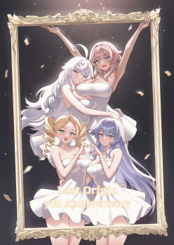 Rule 34 | 4girls, absurdres, ahoge, anniversary, armpits, bare shoulders, black background, blonde hair, blue hair, braid, breasts, cleavage, closed eyes, dress, drill hair, green eyes, happy anniversary, heart, heart hands, highres, hug, huge ahoge, lancer mina, large breasts, last origin, light particles, light rays, long hair, looking at viewer, medium breasts, mercury (last origin), multiple girls, picture frame, red eyes, red hair, single braid, smile, su (yyas2232), tan, tiamat (last origin), twin drills, ullr (last origin), very long hair, white dress, white hair