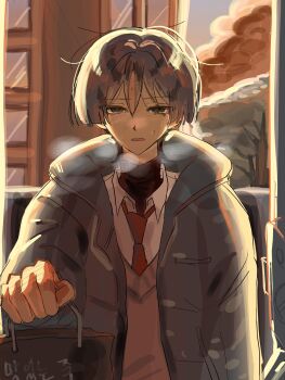 1boy alternate_costume bag black_eyes black_shirt blunt_ends breast_pocket casual_one-piece_swimsuit clenched_hand coat collared_shirt contemporary eyelashes genshin_impact grey_coat grey_hair grey_sleeves grey_sweater_vest highres holding holding_bag imagirl_0 incoming_gift korean_text light_blush long_sleeves looking_at_viewer male_focus messy_hair necktie one-piece_swimsuit open_clothes open_coat open_mouth pocket pov red_necktie scaramouche_(genshin_impact) shirt solo straight-on sweat sweater_vest swimsuit translation_request tree tsurime turtleneck turtleneck_shirt undershirt white_shirt window wing_collar wispy_bangs