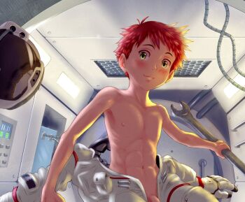 1boy bad_id bad_twitter_id cable commission floating floating_object helmet interior looking_at_viewer male_focus muscular nipples original out-of-frame_censoring penis red_hair redkeji shota small_penis solo space space_helmet spacecraft spacecraft_interior spacesuit tools topless_male undressing unworn_headwear unworn_helmet