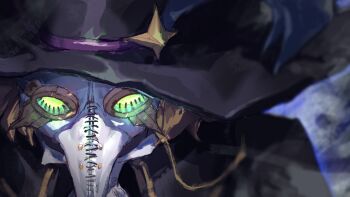 beak bilibilijnylgj bird bird_mask black_cloak black_feathers cloak coat covered_face crow feather-trimmed_coat feather-trimmed_jacket feather_trim feathers gas_mask guardian_tales hat highres mask mouth_mask plague_doctor plague_doctor_(guardian_tales) plague_doctor_mask purple_feathers tagme top_hat