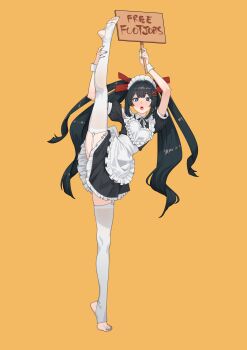 1girl absurdres apron black_dress black_hair blue_eyes blue_nails center-flap_bangs collared_dress commentary double-parted_bangs dress english_commentary feet flexible frilled_apron frilled_dress frills garter_straps hair_ornament hairclip heart highres holding holding_own_leg holding_sign kuso_otoko leg_up long_hair looking_at_viewer maid maid_apron maid_headdress mismatched_pupils nail_polish neck_ribbon no_shoes open_mouth puffy_short_sleeves puffy_sleeves quad_tails ribbon short_sleeves sign simple_background soles solo split standing standing_on_one_leg standing_split stirrup_legwear symbol-shaped_pupils thighhighs toeless_legwear toenail_polish toenails toes tongue tongue_out uragoner very_long_fingernails very_long_hair white_apron white_ribbon white_thighhighs x_hair_ornament yellow_background