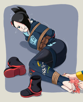 1girl absurdres arms_behind_back ass barefoot bdsm black_hair blue_eyes blush body_blush bondage bound bound_ankles cleave_gag cloth_gag gag gagged hair_ornament hair_over_one_eye highres improvised_gag lost_one_zero mai_(pokemon) nail_polish nintendo pokemon pokemon_legends:_arceus rope shoes tickling toenail_polish toenails toes unworn_shoes