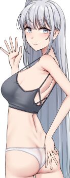 1girl absurdres ass bra butt_crack fuyutsuki_(kancolle) grey_bra grey_eyes grey_hair highres kantai_collection kiritto long_hair looking_at_viewer looking_back one_side_up panties simple_background solo underwear underwear_only very_long_hair waving white_background white_panties
