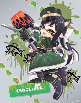 1girl animal_ears black_footwear black_hair boots cat_ears cat_girl commentary commission dress fangs full_body gold_trim green_dress grey_background gun hat highres holding holding_gun holding_weapon inkling inkling_girl inkling_player_character long_hair nintendo open_mouth paint_splatter peaked_cap pointy_ears puchiman range_blaster_(splatoon) smile splashtag_(splatoon) splatoon_(series) splatoon_3 sticker tentacle_hair watermark watermark_grid weapon yellow_eyes