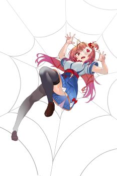 Rule 34 | 1girl, :d, absurdres, ahoge, akai haato, akai haato (1st costume), akai haato (cosplay), black thighhighs, blue skirt, breasts, brown shoes, cleavage, collared shirt, cosplay, eyepatch, full body, gradient hair, hair ornament, hairclip, heart, heart hair ornament, high-waist skirt, highres, hololive, hololive dev is, ichijou ririka, loafers, long hair, looking at viewer, miniskirt, multicolored hair, neck ribbon, one side up, open mouth, orange eyes, orange hair, pink hair, red ribbon, ribbon, salt-less, shirt, shoes, short sleeves, silk, simple background, skirt, smile, solo, spider web, swept bangs, thighhighs, virtual youtuber, white background, white shirt