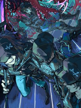 3boys absurdres baihuahua5441 baseball_cap black_gloves black_hair black_pants black_shirt black_vest blood blue_necktie brown_hair collared_shirt different_reflection dimension_shredder_(e.g.o) e.g.o_(project_moon) electricity energy_weapon gauntlets glaive_(polearm) gloves hat heathcliff_(project_moon) highres holding hong_lu_(project_moon) limbus_company long_sleeves male_focus monster multiple_boys necktie pants polearm project_moon reflection reflective_surface shirt short_hair vest w_corp._(identity)_(project_moon) wayward_passenger weapon yi_sang_(project_moon)