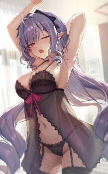 1girl absurdres arm_up armpits arms_up babydoll bare_shoulders bedroom black_babydoll black_garter_straps black_panties bow bow_panties breasts cleavage collarbone commentary cowboy_shot danha garter_straps groin hair_intakes highres indoors large_breasts lingerie long_hair looking_at_viewer multicolored_hair navel one_eye_closed open_mouth panties pointy_ears purple_hair red_eyes sidelocks solo stomach streaked_hair stretching thighs underwear very_long_hair vivian_banshee yawning zenless_zone_zero