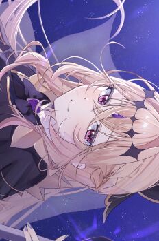 Rule 34 | 1girl, antenna hair, black bow, black capelet, black dress, blonde hair, bow, brooch, capelet, close-up, commentary request, cure arcana shadow, diamond hairband, dress, frilled capelet, frills, gradient hair, hair intakes, heart, heart brooch, highres, holding, holding rod, jewelry, long hair, looking at viewer, magical girl, mahiru yura, meitantei precure!, moria luluka, multicolored hair, precure, purple eyes, purple veil, rod, solo, tear arcana rod, veil