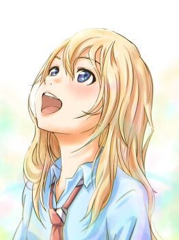 Rule 34 | 1girl, :d, absurdres, blonde hair, blue eyes, blue shirt, collared shirt, commentary request, ehuw5238, hair between eyes, highres, long hair, looking up, miyazono kawori, necktie, open mouth, portrait, red necktie, shigatsu wa kimi no uso, shirt, smile, solo, teeth, upper teeth only