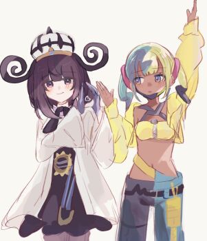 2girls arm_up black_dress black_pants blue_pants blunt_bangs blush bob_cut canari_(pokemon) closed_mouth coat crop_top cropped_jacket dark-skinned_female dark_skin dress gloves gwynn_(pokemon) hat heart highres long_sleeves looking_at_another looking_at_viewer mega_stone mopumopu107 multicolored_hair multiple_girls navel nintendo open_clothes open_coat pants parted_lips partially_fingerless_gloves pokemon pokemon_legends:_z-a purple_eyes purple_hair split-color_hair twintails two-tone_hair two-tone_pants white_background white_coat white_hat wide_sleeves