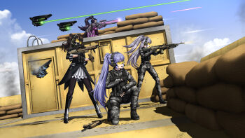 4girls acog aiming alternate_costume alternate_hairstyle ammunition_box ammunition_pouch android assault_rifle azur_lane battle belt black_belt black_boots black_dress black_gloves black_hair black_pantyhose blue_hair blue_sky boots breasts brown_eyes bullet bulletproof_vest camouflage camouflage_cape camouflage_pants casing_ejection cloak cloud colored_tips combat_boots commentary commission crossover day detached_sleeves digital_camouflage dress drone ear_protection energy_beam energy_gun english_commentary essex_(azur_lane) fingerless_gloves firing floating floating_object floating_weapon fn_five-seven fn_scar full_body girls&#039;_frontline gloves goggles grey_cloak grey_eyes grey_hair gun handgun head-mounted_display headset high_ponytail highres holding holding_gun holding_weapon holster intrepid_(azur_lane) jaeger_(girls&#039;_frontline) knee_pads kneeling large_breasts laser leg_armor leotard load_bearing_vest long_hair long_sleeves m240 machine_gun mask mechanical_legs medium_hair military_operator multicolored_hair multiple_girls muzzle_flash on_one_knee open_mouth optical_sight orange-tinted_eyewear outdoors pants pantyhose pinstripe_pattern ponytail pouch projectile_trail purple_cloak purple_hair purple_leotard purple_sleeves red_eyes reloading respirator rifle rifle_cartridge sandbag sangvis_ferri scarecrow_(girls&#039;_frontline) science_fiction scope shadow shell_casing signature sky smoke standing structure tactical_clothes teamwork teeth thigh_holster tinted_eyewear twintails two-tone_cloak two_side_up urban_camouflage vertical_foregrip very_long_hair walkie-talkie weapon zero_(73ro)