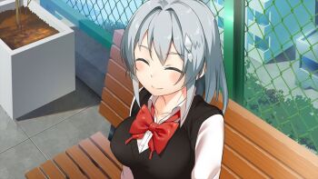 1girl ^_^ bench blue_eyes bow bowtie breasts closed_eyes closed_mouth collared_shirt day facing_viewer game_cg grey_hair hair_between_eyes large_breasts machiyuki_ricka moe!_ninja_girls official_art on_bench on_rooftop red_bow red_bowtie school_rooftop school_uniform shirt sitting smile solo third-party_source upper_body