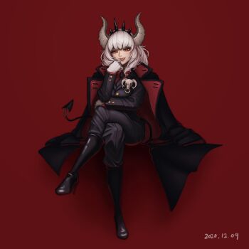 1girl absurdres black_suit boots demon_girl demon_horns demon_tail formal_clothes grin helltaker high_heel_boots high_heels highres horns junik_(snrj2255) lucifer_(helltaker) red_eyes sitting smile solo suit tail white_hair