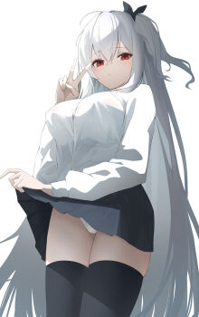 1girl absurdres arknights black_skirt black_thighhighs clothes_lift commentary_request grey_hair hachimin8_(shrine_kyo) highres long_hair looking_at_viewer one_side_up panties pantyshot pleated_skirt red_eyes school_uniform shirt simple_background skadi_(arknights) skirt skirt_lift solo thighhighs underwear v white_background white_shirt