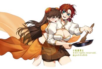 2girls apron artist_name boudica_(fate) bra breasts brown_apron brown_hair closed_eyes collared_shrug cooking copyright_notice cowboy_shot earrings english_text facing_to_the_side fate/grand_order fate_(series) flower frying_pan goshiko86g grin hair_flower hair_ornament high_collar holding holding_frying_pan hoop_earrings jewelry large_breasts long_hair long_sleeves looking_at_another mata_hari_(fate) medium_hair multiple_girls o-ring o-ring_top red_hair see-through_clothes see-through_skirt short_apron short_sleeves shrug_(clothing) skirt smile stirring stomach striped_clothes teeth underwear waist_apron white_bra white_shrug