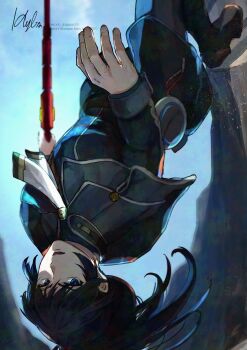 1boy black_capelet black_coat black_hair blue_eyes blue_sky bluesky_username capelet coat highres holding holding_sword holding_weapon long_hair looking_at_viewer male_focus midair noah_(xenoblade) open_mouth perorin_shaaaan signature sky solo sword twitter_username weapon xenoblade_chronicles_(series) xenoblade_chronicles_3