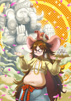 1girl belly bindi black-framed_eyewear blush bow breasts brown_eyes brown_hair commentary_request dango elephant_hat falling_petals fate/grand_order fate_(series) food ganesha_(fate) glasses hair_bow highres holding holding_tray jewelry jinako_carigiri long_hair looking_at_viewer medium_breasts midriff navel open_mouth petals plump ring solo statue tray tsukimi_dango very_long_hair wagashi warikomao