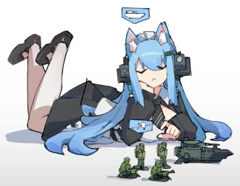 Rule 34 | 1girl, animal ears, apron, automatic grenade launcher, black dress, black necktie, black shoes, blue eyes, broken arrow (game), cat ears, closed eyes, combat helmet, dress, frider, grenade launcher, hair between eyes, helmet, highres, infantry fighting vehicle, lying, maid, maid apron, maid headdress, mary janes, mecha musume, military uniform, military vehicle, model tank, motor vehicle, necktie, on stomach, pantyhose, personification, russian ground forces, shadow, shoes, short necktie, sidelocks, simple background, soldier, t-15, tank, toy, toy soldier, toy tank, vehicle and personification, weapon, white background, white pantyhose